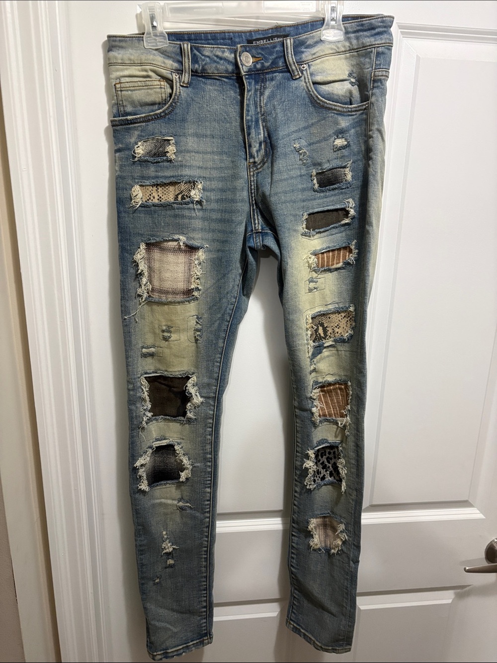 Embellish Men’s Relaxed Distressed Light Blue Patchwork Jeans
